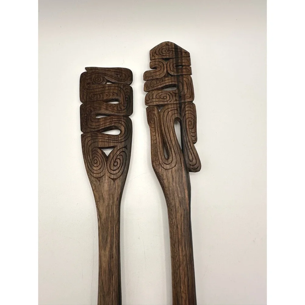 Vintage Teak Wooden Serving Utensils Hand Carved Tribal Salad Fork Spoon Set